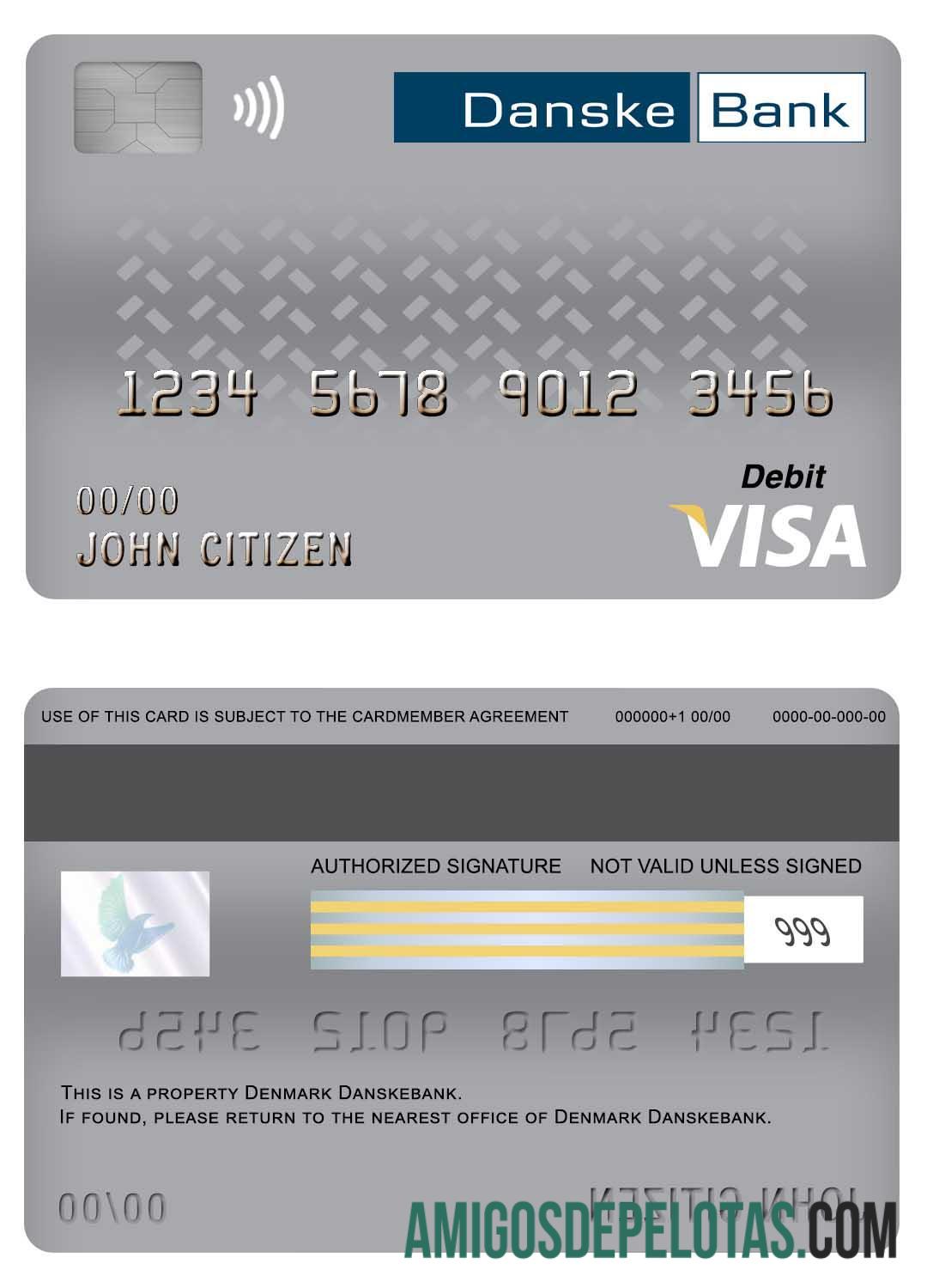 Cartão de débito Visa Danskebank da Dinamarca exemplo real